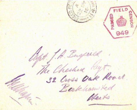 Envelope to Captain Busfield in Cross Oak Road, Field Censor stamp