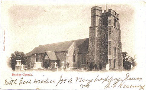 Post card of St James Church, Bushey, Hertfordshire, used 1903, and published by Charles Vaughan