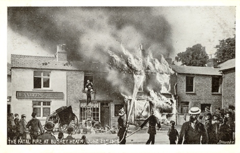Post card by Downer of Watford showing fatal fire at Bushey Heath, Hertfordshire. 