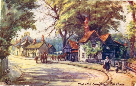 Raphael Tuck Post Card pained by K Low of Bushey, Hertfordshire. The Old Smithy