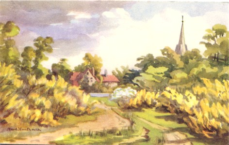 Titke: Chorleywood Common and Church - By Maud Huntsman - Publisher: Suttley & Silverlock - Date: probably painted before 1910