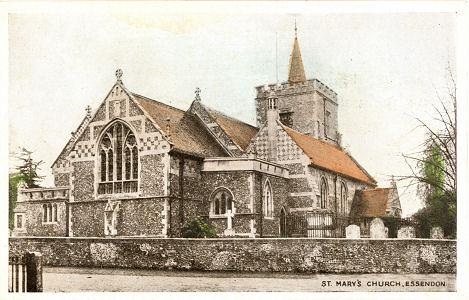 St Mary's Chuch, Essendon: Post card by Oliver - after zeppelin damage repaired