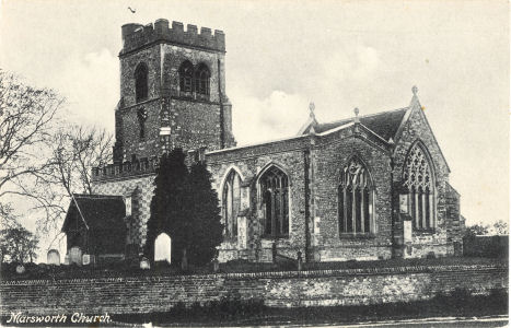 Post-restoration view of All Saints Church, Marsworth, Buckinghamshire - From post card bu Chadwick of Tring (larger digital image available)