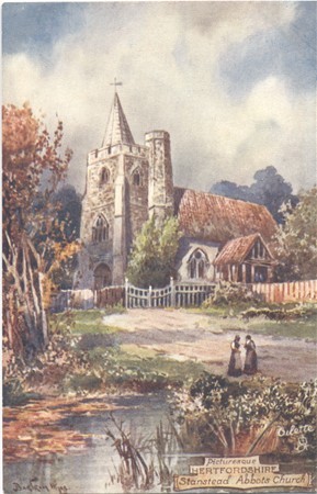 "Picturesque Hertfordshire: Stanstead Abbots Church"  Raphael Tuck & Son "Oilette" postcard 7425, Artist ?Barlram? Hijes?. Postally unused.
