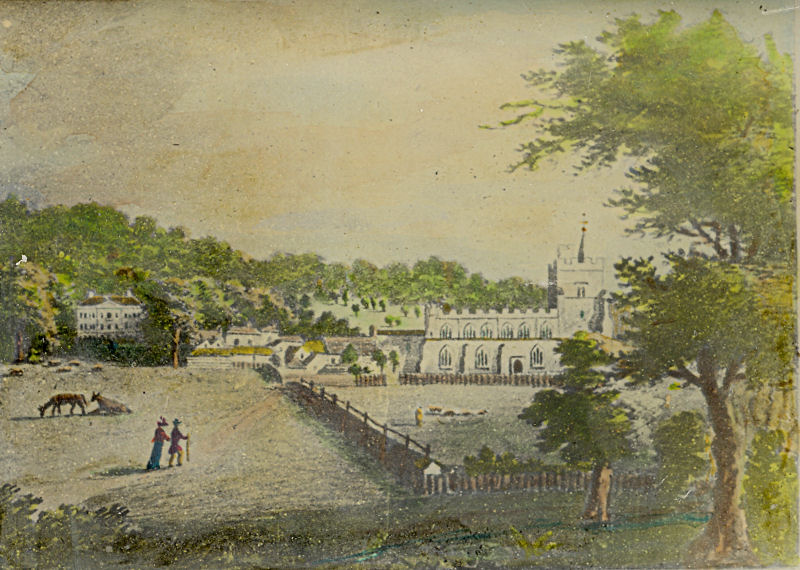Painting of Tring showing church and Tring Mansion
