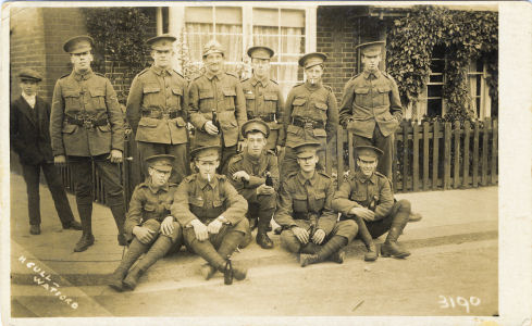 Isle of Wight Regiment soldiers outside billets at Watford, Summer 1915