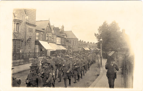 Isle of Wight Regiment marching along St Albans Road, Watford, 1915