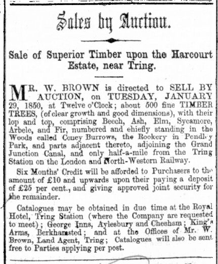 Harcourt Estate, Tring, Sale of timber by William Brown