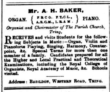 Baker, Organist & Choirmaster, Tring Parish Church, Music Lessons, Bazildon, Western Road, Tring