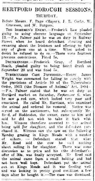 Hertford Borough Sessions, Tuberculosis, Cattle, Wright, Palmer, Harrison, Reed, Hoddesdon, Kings Meads, Disease of Animals Act